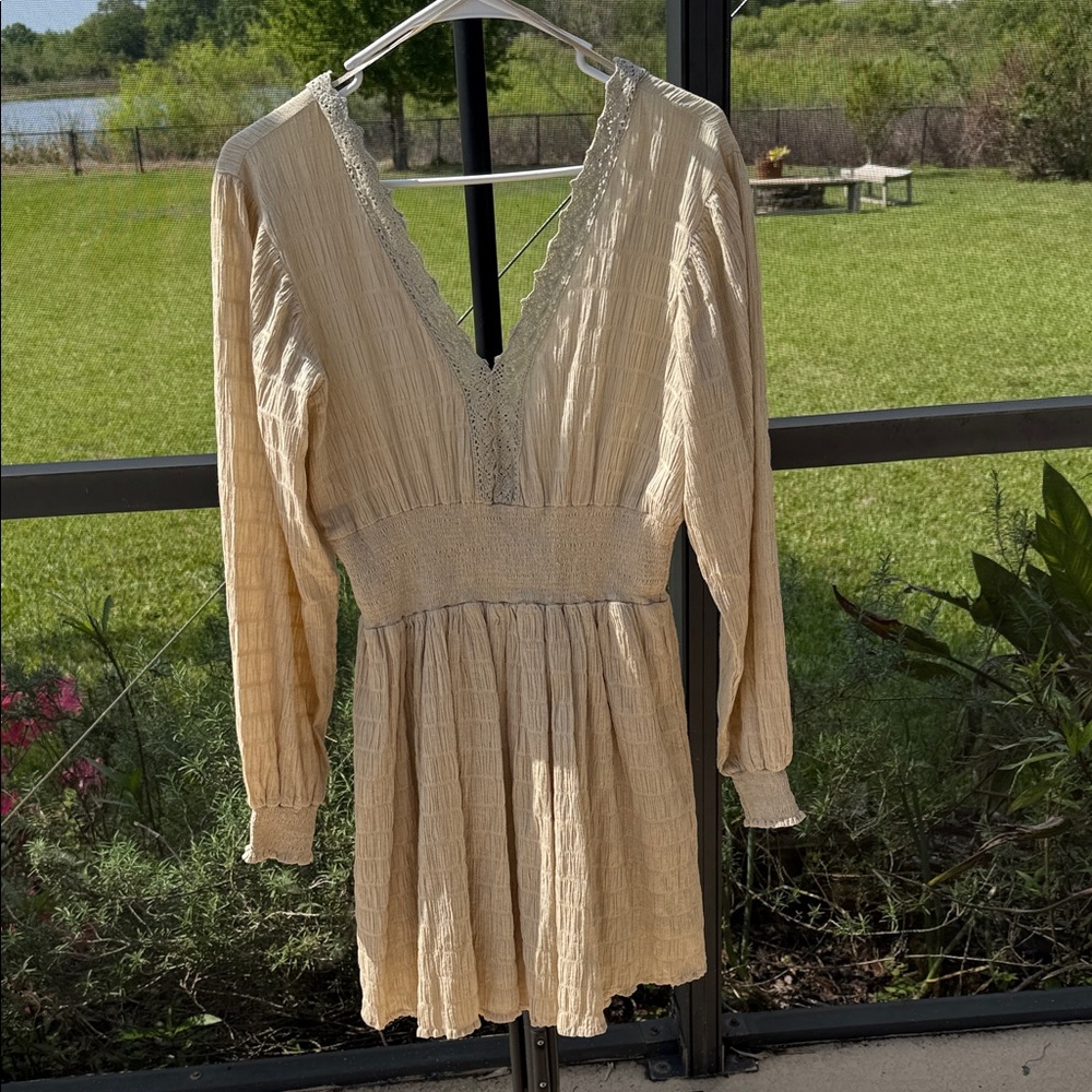 Women's Cream Long Sleeve V-Neck Smocked Waist Dress